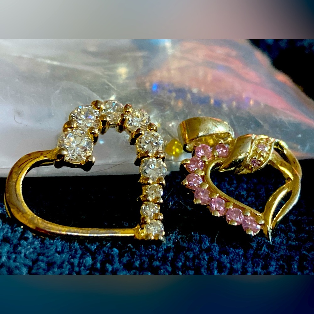 Estate Auction One Clear Floating Heart Pendant And One Pink Heart Charm